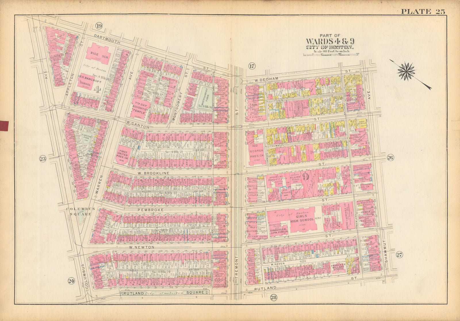 Boston #25 South End. Columbus Ave/Square to Shawmut Ave. BROMLEY 1928 old map